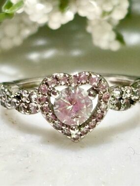 Lab Created White Sapphire Heart Ring with Halo Sterling Silver setting size:7